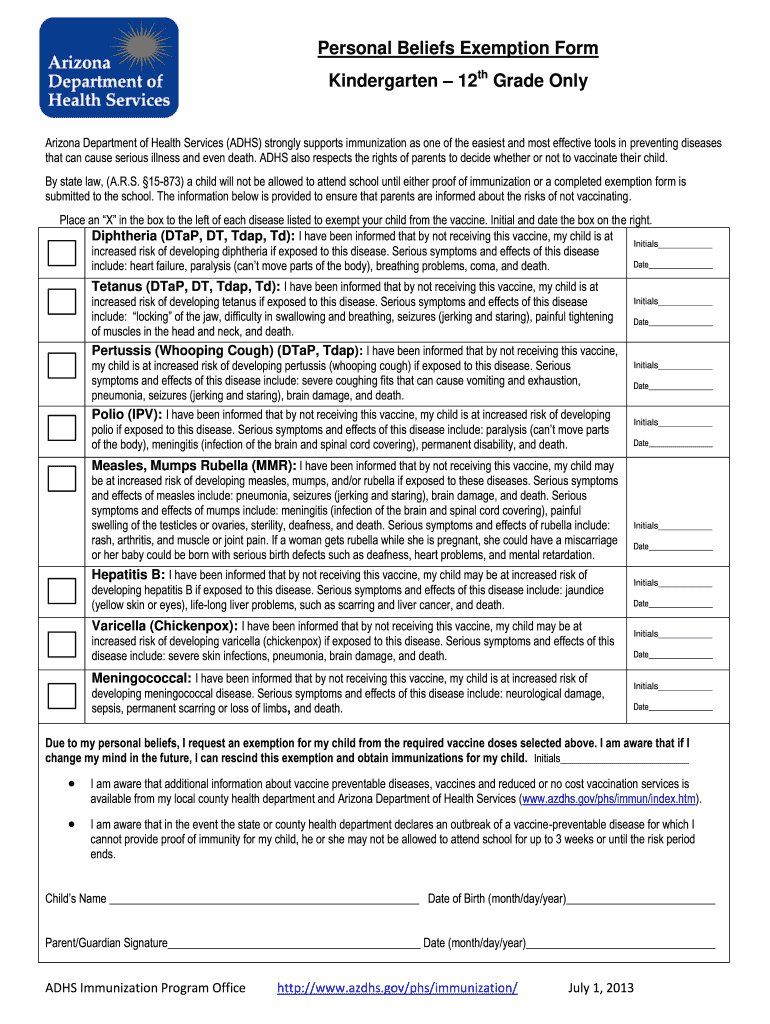 Personal Beliefs Arizona Form 2013